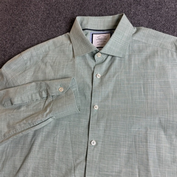SOLD Charles Tyrwhitt Shirt Mens 16.5 36 Slim Fit Button Up Houndstooth Green - Picture 2 of 9